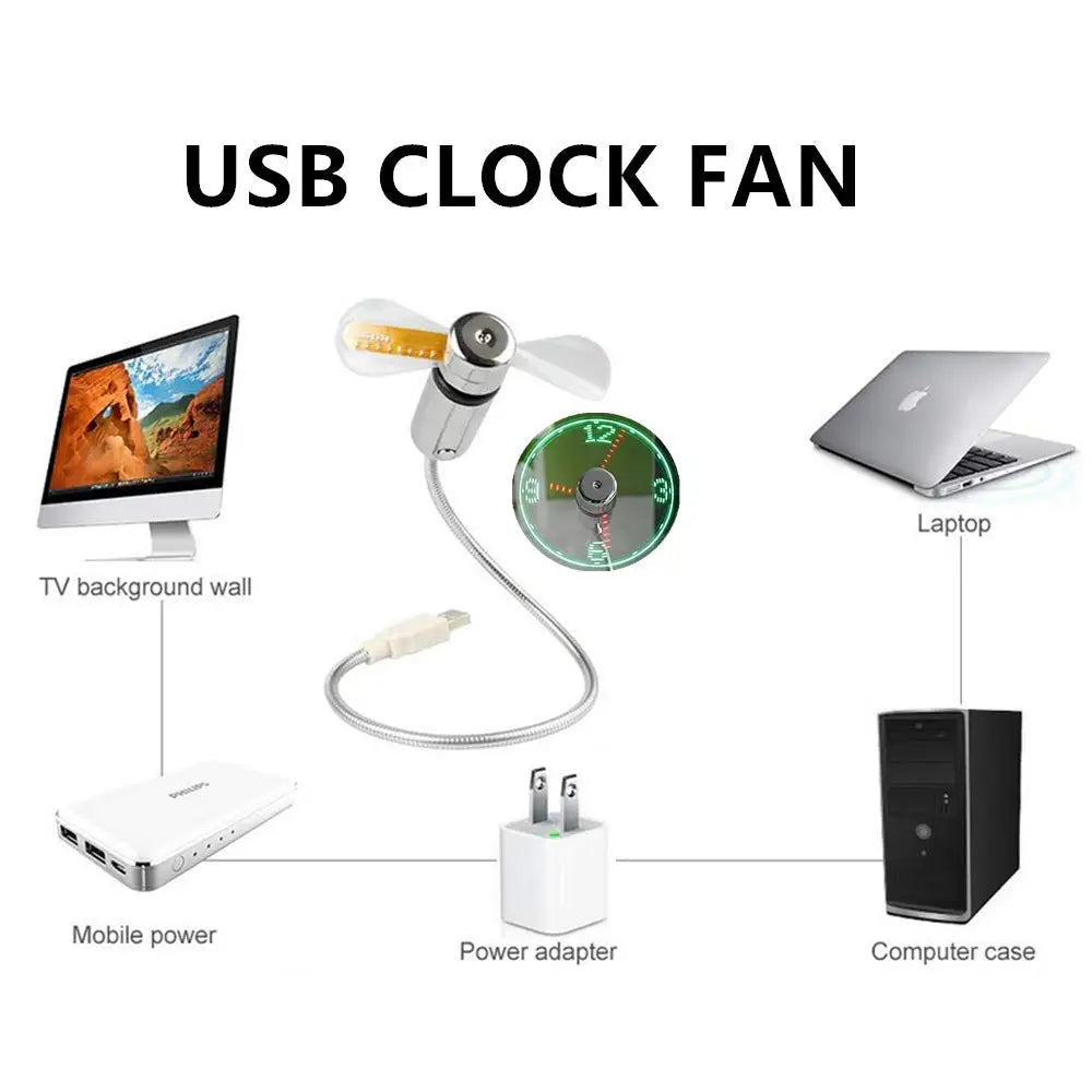 USB Clock Fan with Real Time Clock & Temperature Display Function Christmas Gift Night Light USB Gadgets for Laptop PC